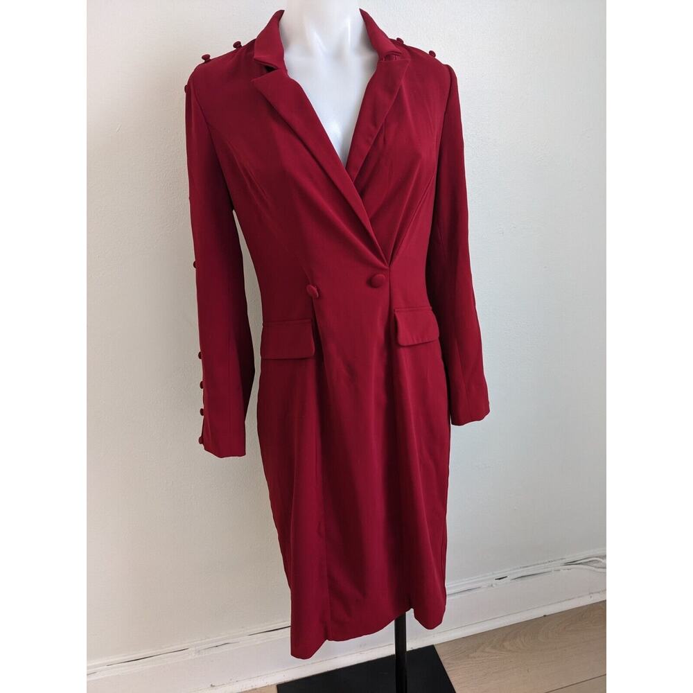 Badgley Mischka Size 4 Faux Wrap Blazer Sheath Dress Red V Neck Long Sleeves - Picture 7 of 16